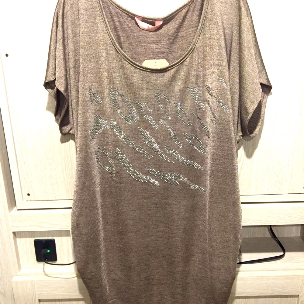 NWT SJS Taupe brown top rhinestone ruched sides